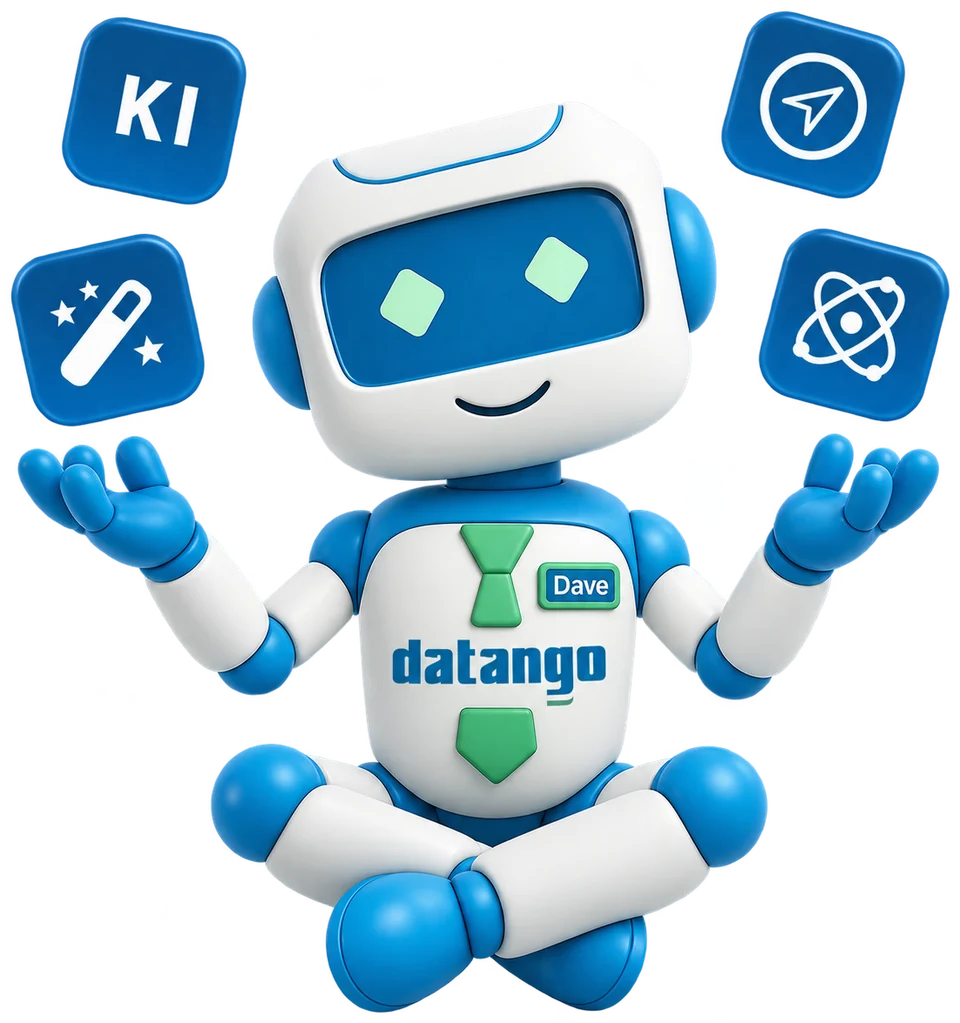 Dave, der datango-Roboter, mit KI-Symbolen